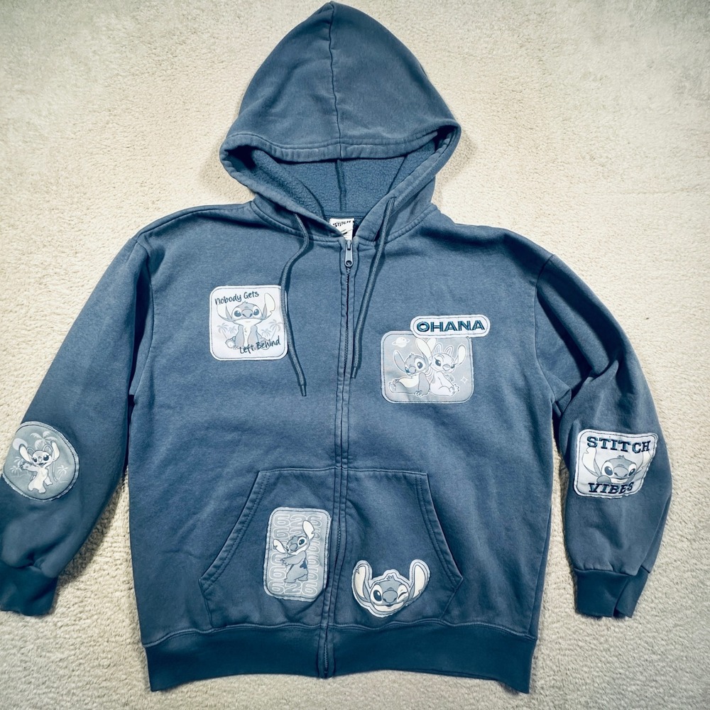 Disney Stitch Zip Up Hoodie Sweatshirt Womens L Blue Patchwork Ohana Graphic‎
